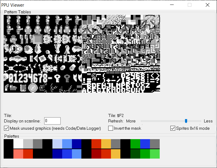 FCEUX PPU Viewer showing half-garbled tile data in monochrome, and a list of color palettes underneath